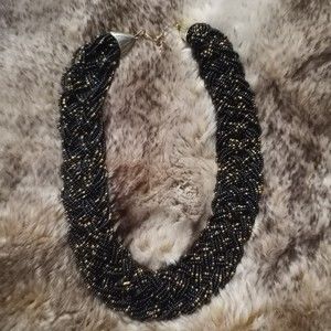 Black & Gold Beaded Braided Necklace Adjustable